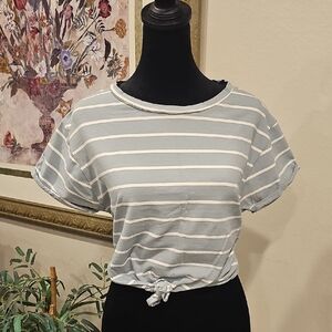 Blue and White Cuffed Sleeve Crop T-Shirt with Tie Front